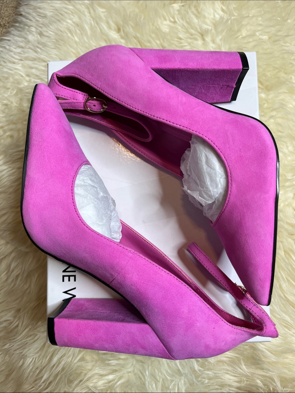 NIB Nine West Plana Pump Magenta Suede - Size 7 Barbie Block Heel Ankle Strap - Picture 2 of 8